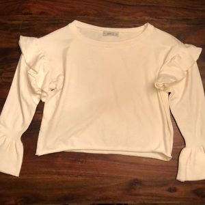 Zara knit cropped cream sweater, ruffled sleeves